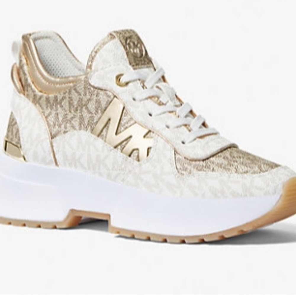 Michael Kors Muse Like New Metallic Logo Trainer Sneakers Size 7 Gold Monogram